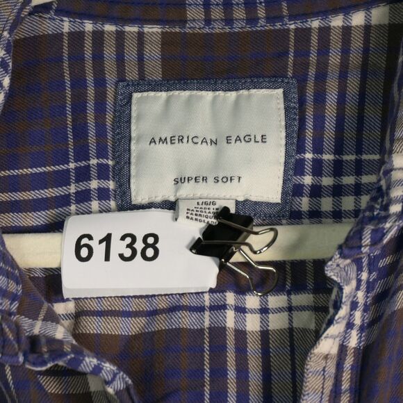 American Eagle Button Up Shirt Mens Large Purple Plaid Cotton Soft Preppy Casual - Picture 7 of 7
